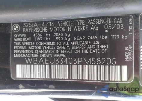 2003 BMW 325Xi z USA, uszkodzony, nr VIN WBAEU33403PM58205